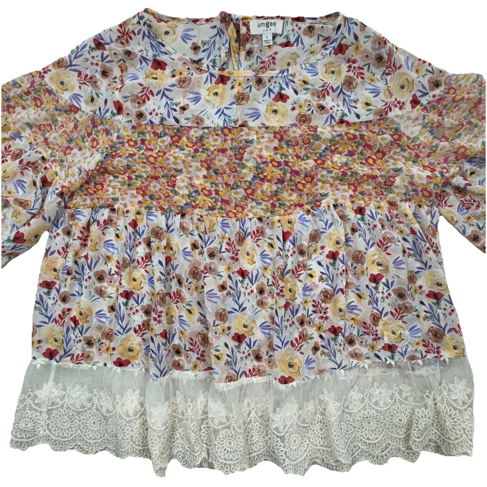 Umgee Floral‎ Babydoll Top Womens Large Multicolor Lace Hem Boho Tassel A6437